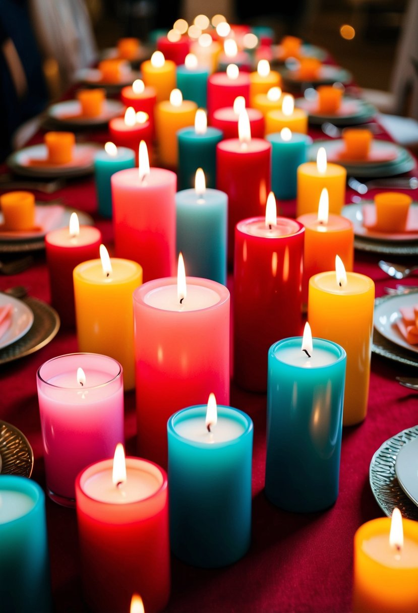 Vibrant candles in various sizes and colors arranged on a festive wedding table