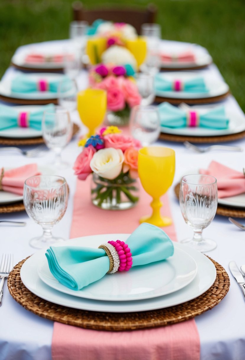 A table set with pastel-colored napkins and vibrant wedding decor