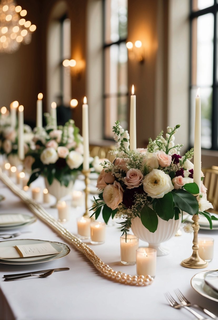 A table adorned with pearls, candles, and floral arrangements