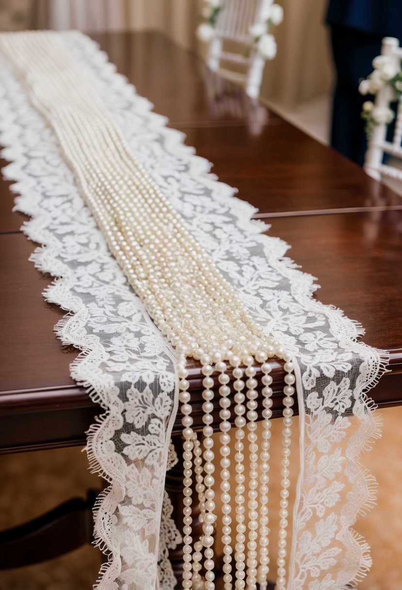 A white lace table runner adorned with delicate pearls drapes across a polished wooden table, adding an elegant touch to the wedding reception decor