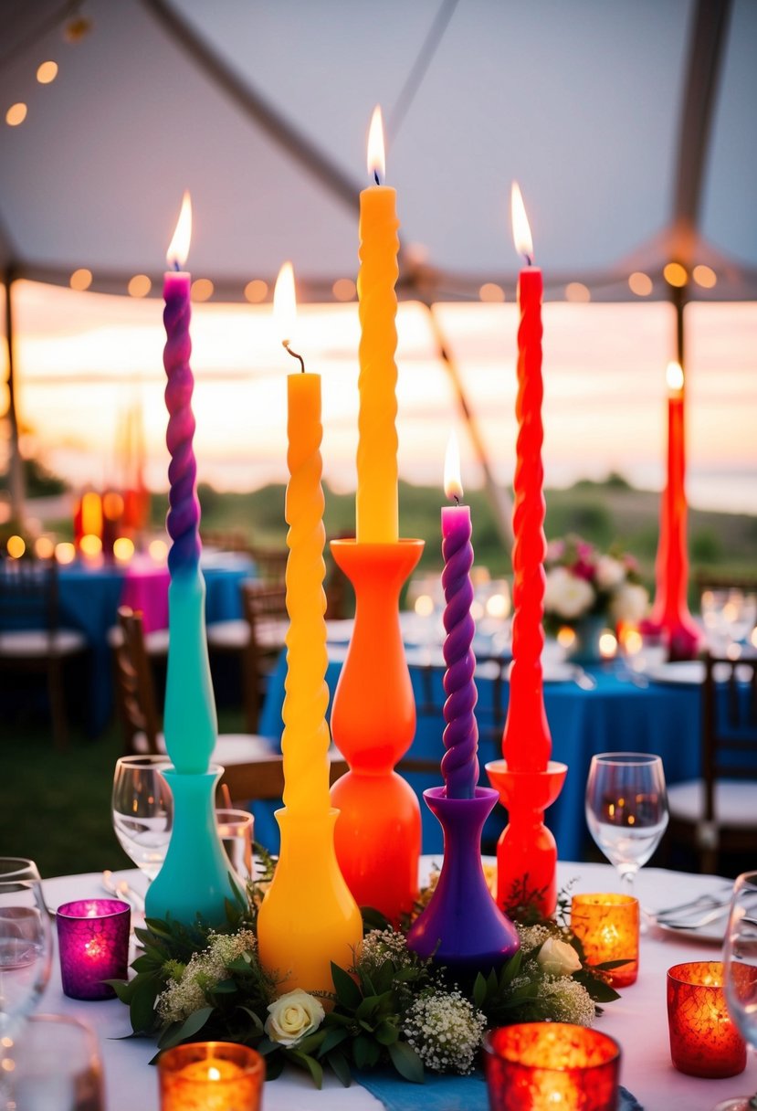 Tall, whimsical candles in vibrant hues create a lively wedding table centerpiece