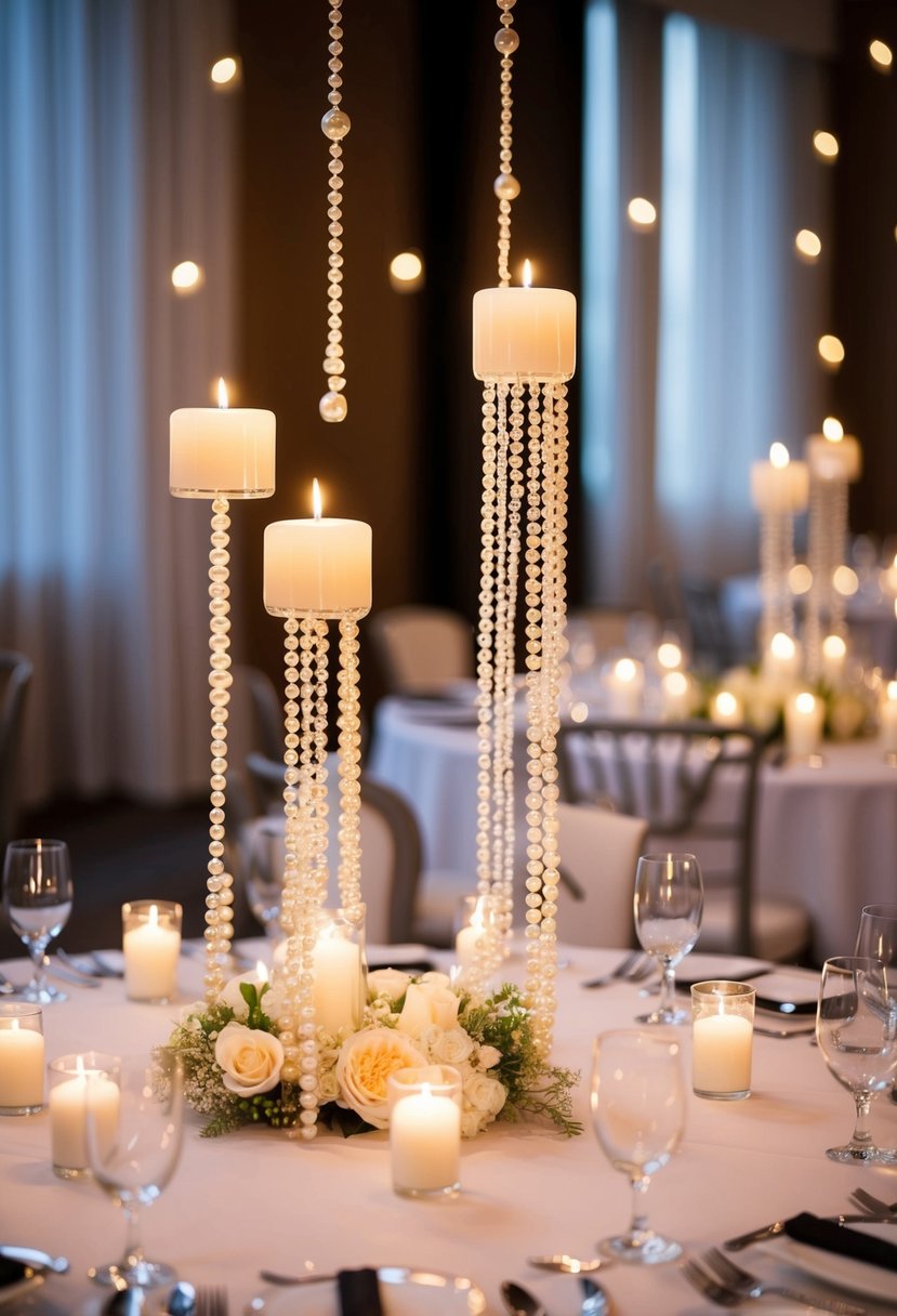 Pearls float in candlelit centerpieces, adorning wedding tables with elegance