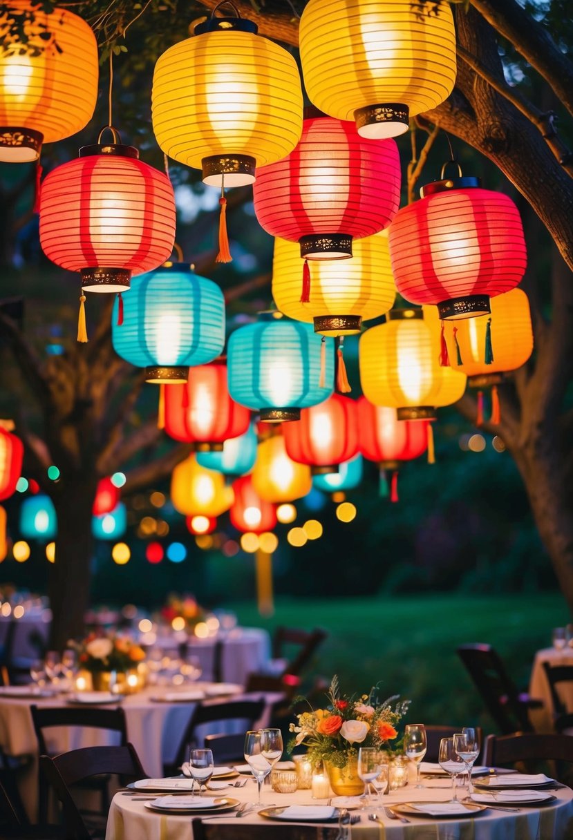 Colorful lanterns hanging from trees, illuminating an outdoor wedding table with charm and warmth