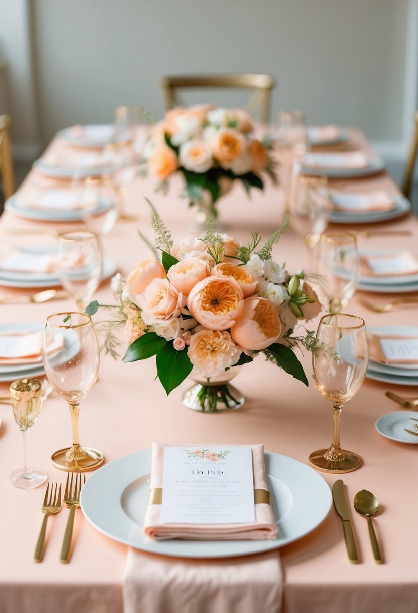 A peach-themed wedding table with floral centerpieces, pastel linens, and delicate gold accents