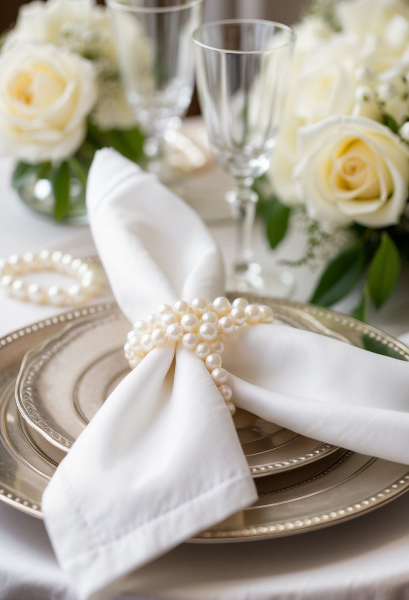 A pearl string is tied around a napkin, set on a wedding table with pearl decorations