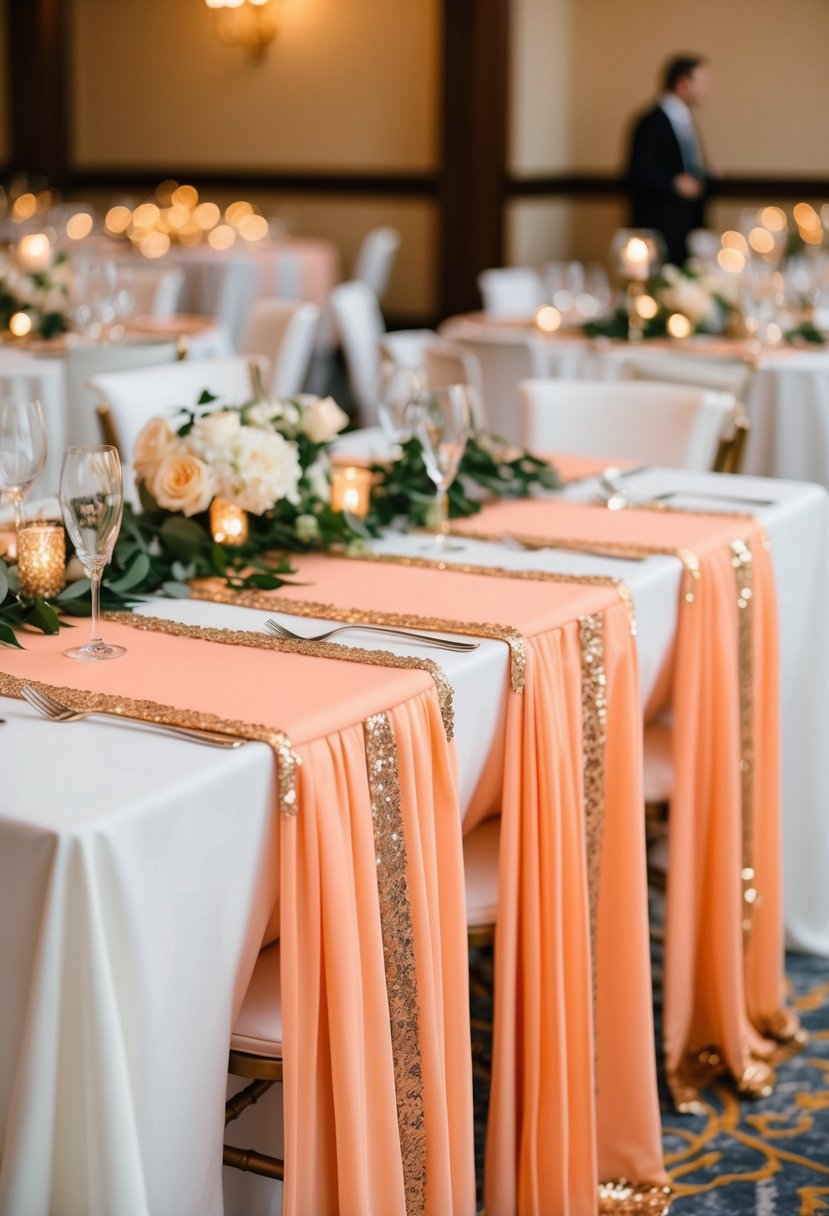 Peach table runners adorned with shimmering gold accents drape elegantly across a beautifully set wedding reception table