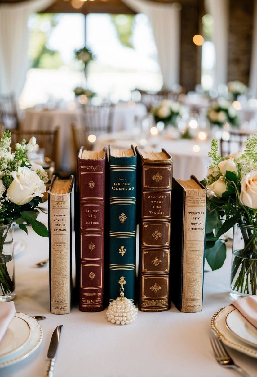 A table adorned with vintage books as centerpieces, each featuring a pearl decoration for a wedding