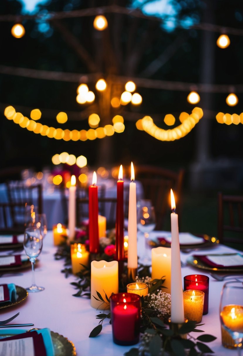 A dimly lit wedding table adorned with colorful candles