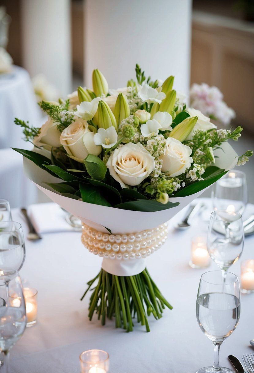 A pearl bouquet wrapped in fresh blooms adorns a wedding table