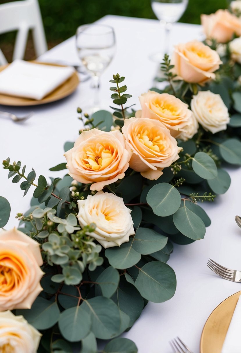 A table adorned with peach roses and eucalyptus centerpieces for a wedding celebration