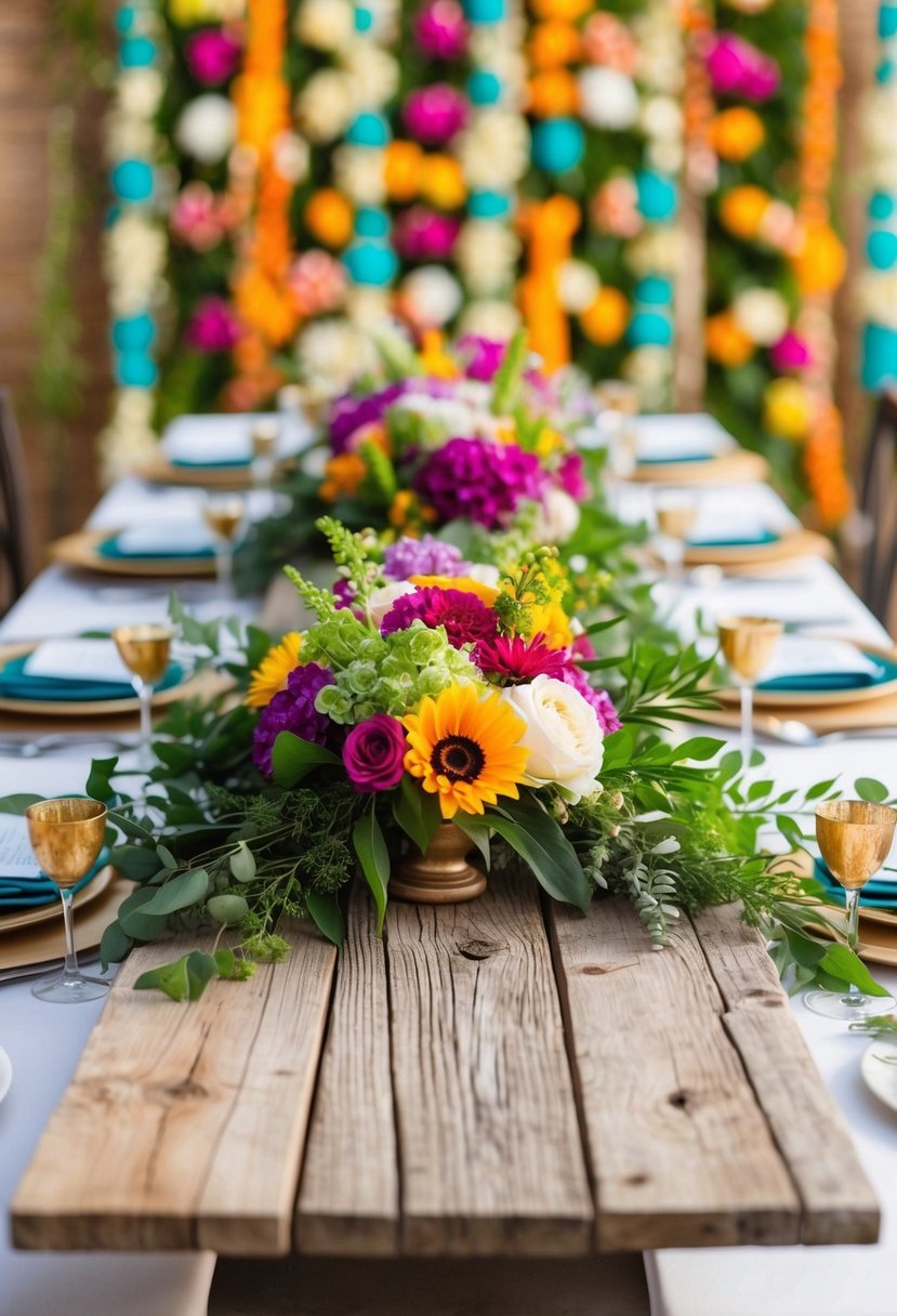 A rustic wooden table runner adorned with vibrant flowers and greenery, set against a backdrop of colorful wedding table decorations