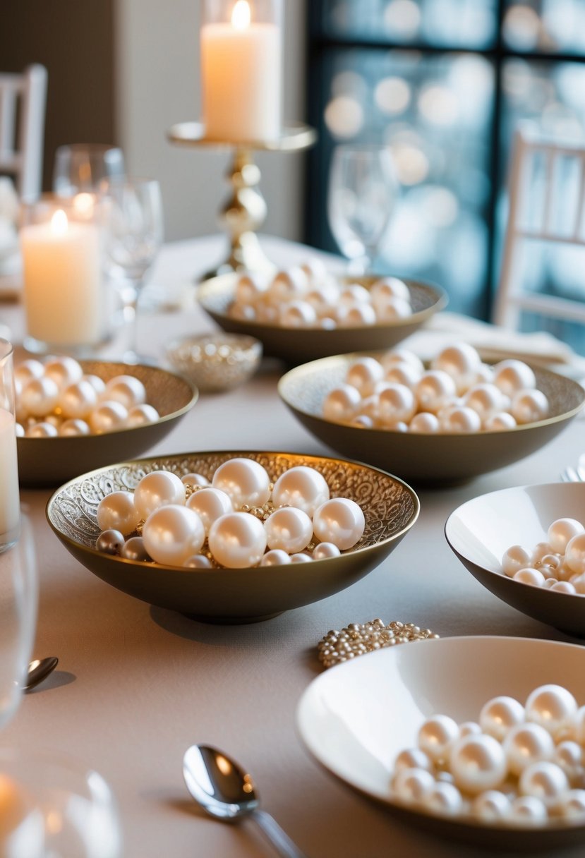 A table adorned with decorative bowls filled with mixed pearls for a wedding centerpiece