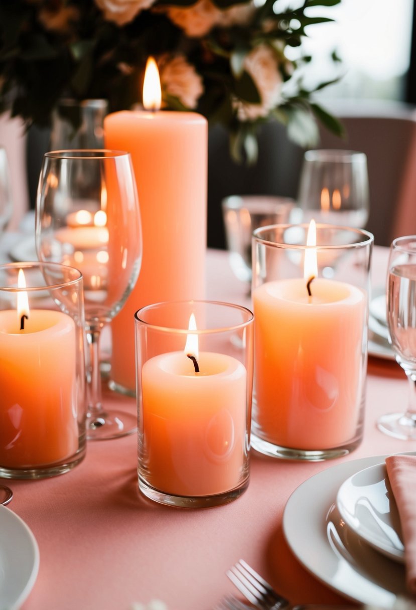 Peach and white candles in clear holders illuminate a romantic wedding table