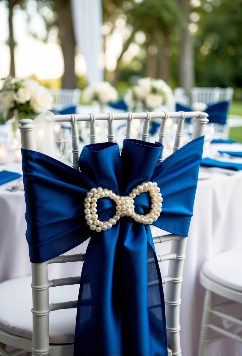 Pearl buckles adorn chair sashes, adding elegance to wedding table decor