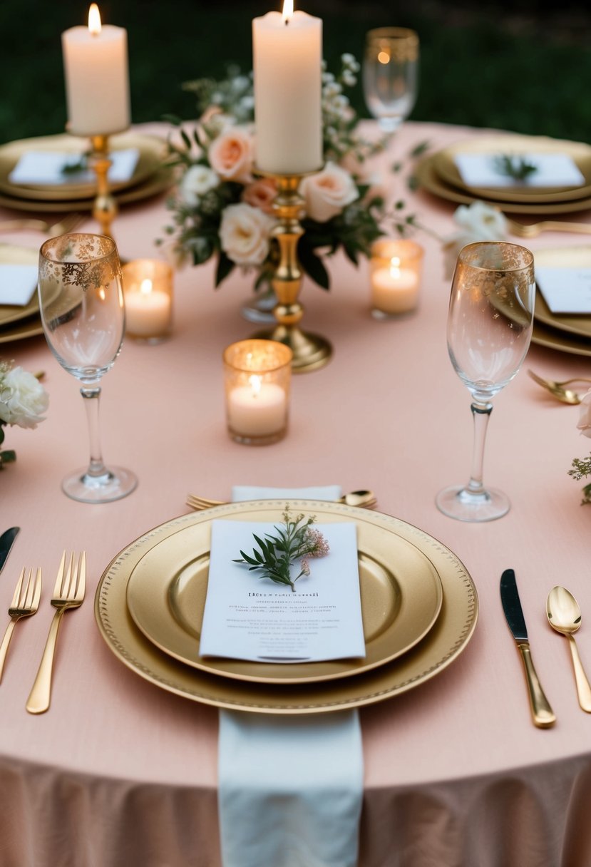 Gilded tableware arranged on a peach-colored tablecloth, with delicate floral accents and soft candlelight for an elegant wedding table decoration