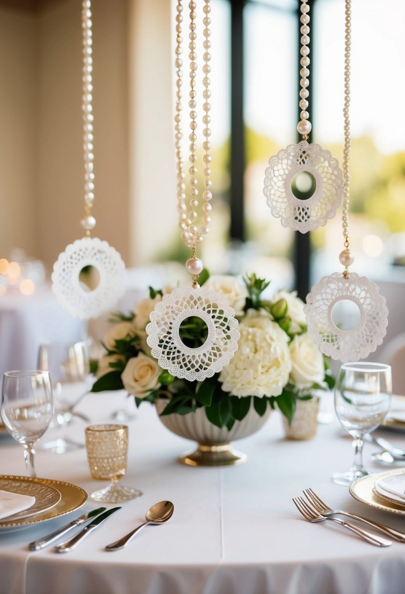 A table adorned with pearl ornaments and doily pendants for a wedding decoration