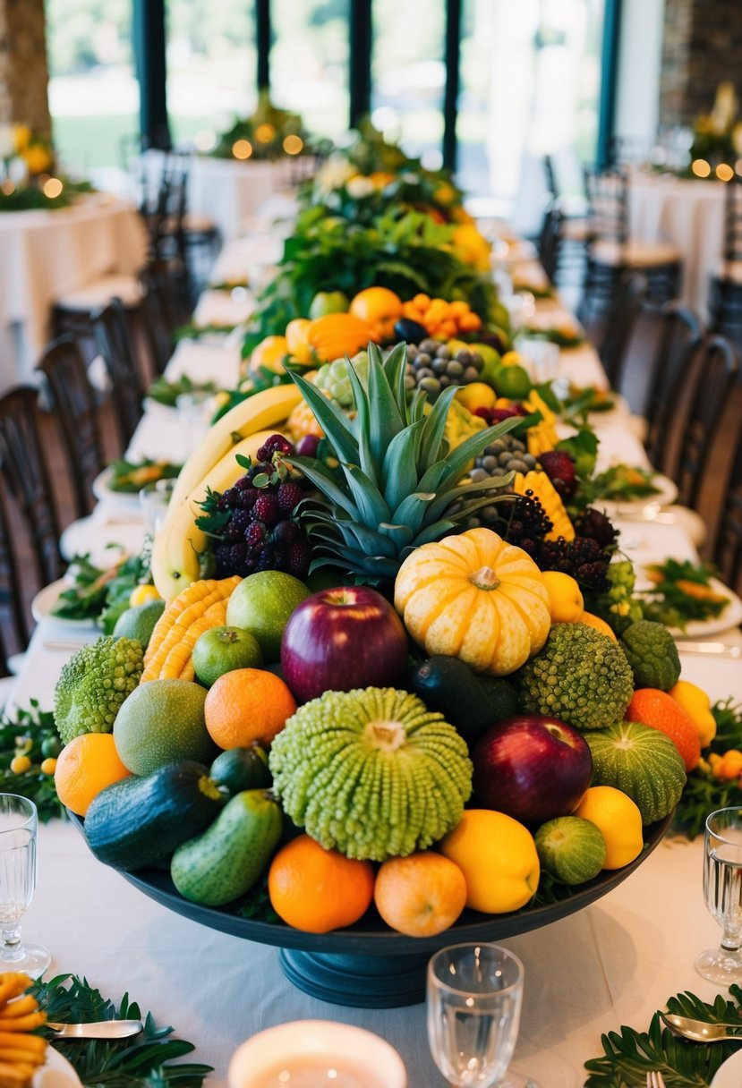 A vibrant display of seasonal produce creates a stunning wedding table centerpiece. Rich colors and textures bring life to the arrangement