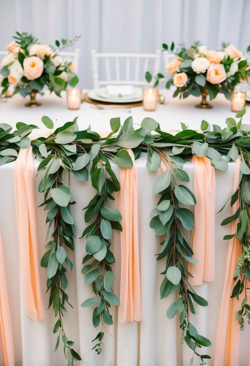 Peach and sage green leaf garlands draped across a wedding reception table, adding a touch of natural elegance to the decor