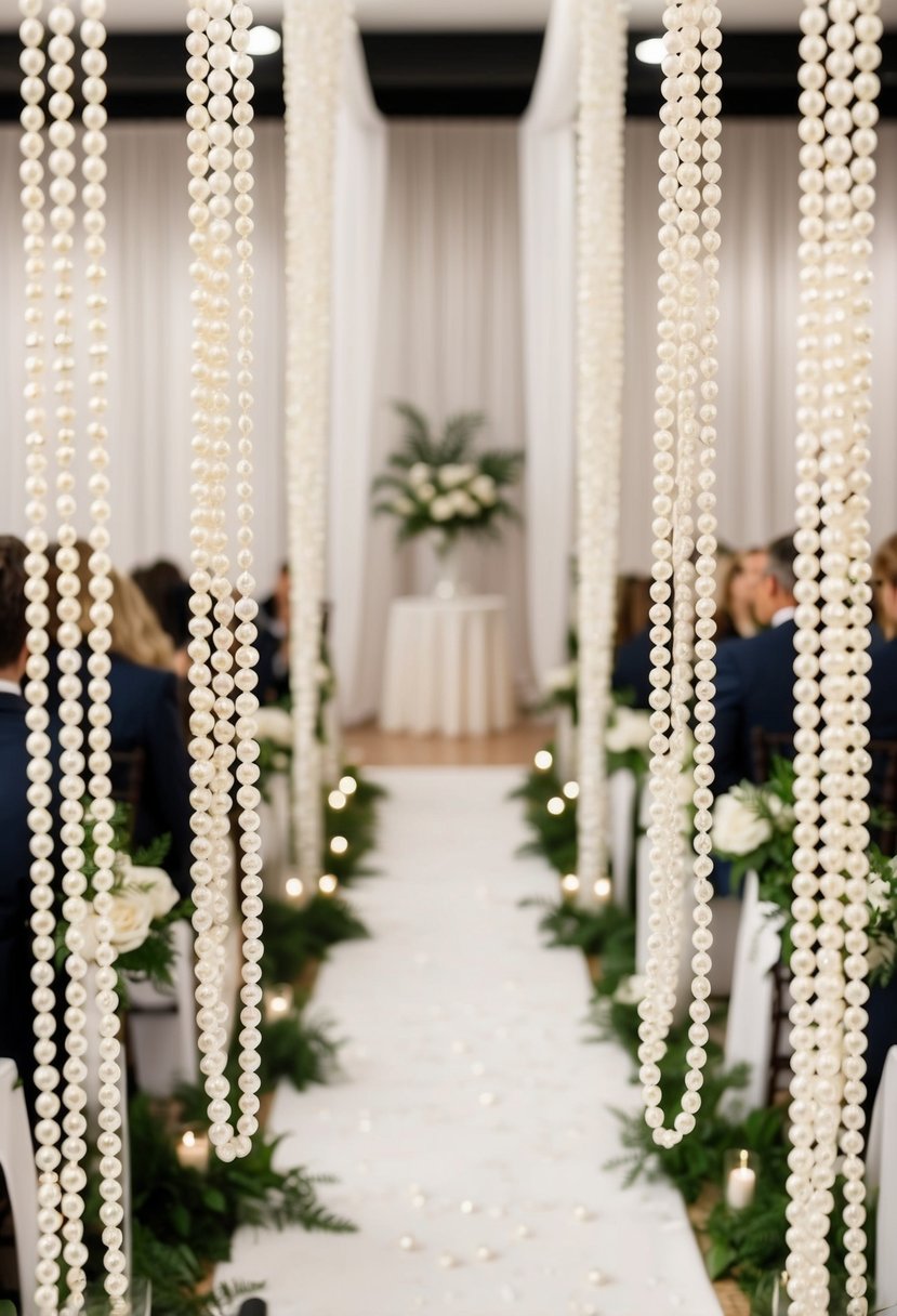 Pearl strands drape the wedding aisle and adorn the tables, creating an elegant and luxurious atmosphere