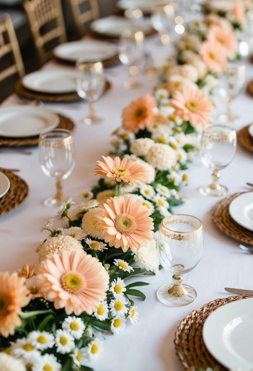 A table adorned with daisy chain centerpieces in peach and cream blooms for a wedding celebration