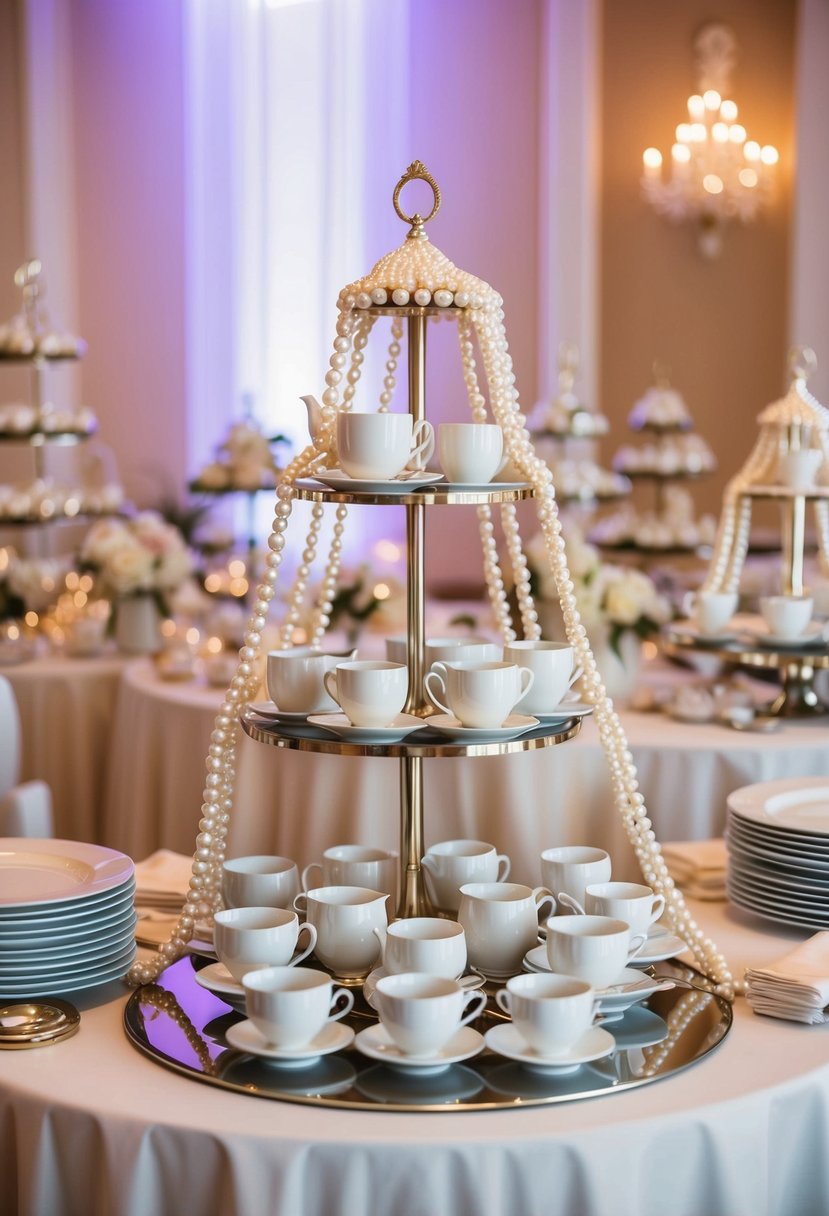 Pearl-draped teaware arranged on elegant buffet tables for a wedding reception