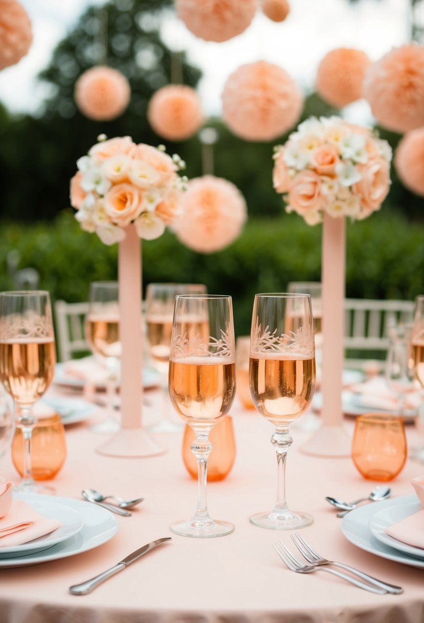 A table set with peach-colored glassware for toasting, surrounded by delicate peach wedding decorations