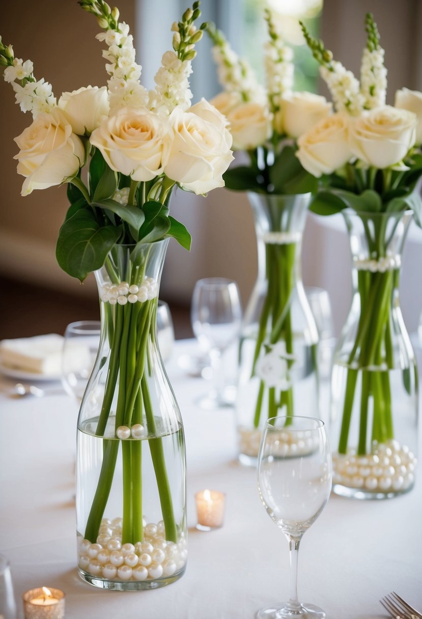 Elegant vases filled with water and submerged pearls, arranged as wedding table decorations