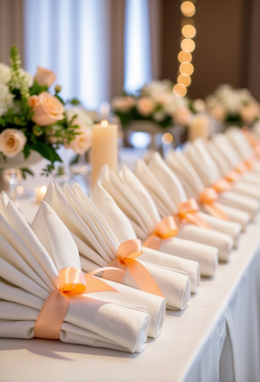 White linen napkins folded neatly with peach ribbons, arranged on a wedding reception table