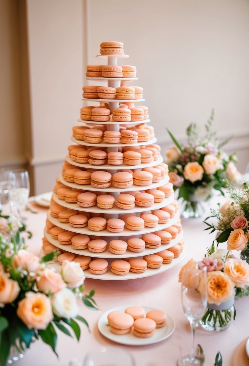 A tower of peach macarons on a tiered stand surrounded by floral arrangements and delicate table decorations for a sweet touch peach wedding theme