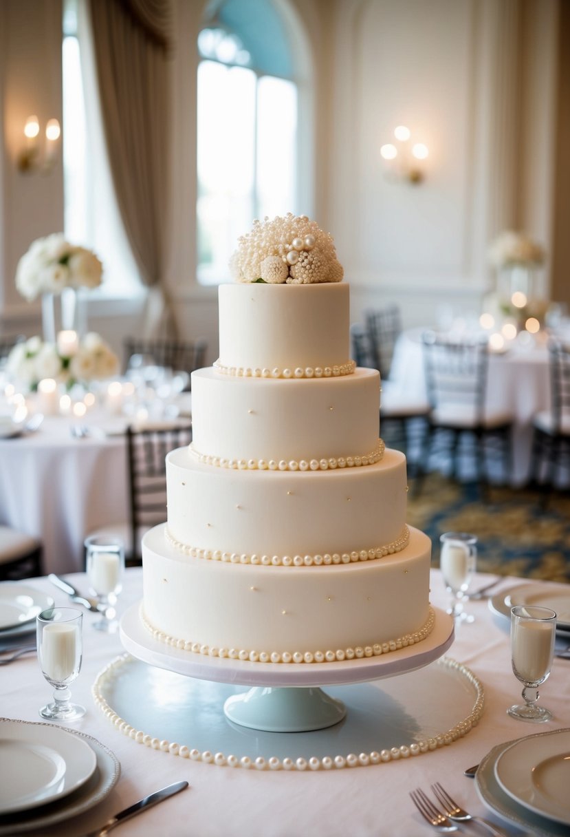 A three-tiered wedding cake adorned with pearls sits on a table surrounded by pearl decorations and elegant table settings