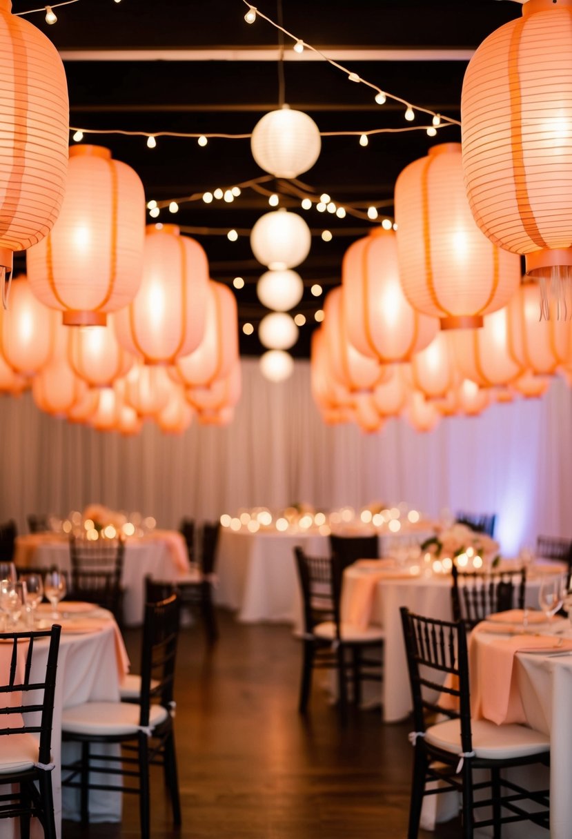 Peach lanterns hang from the ceiling, casting a warm glow over the wedding tables