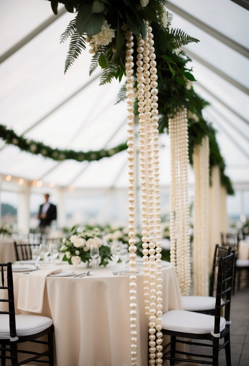 Pearl garlands draped above wedding tables