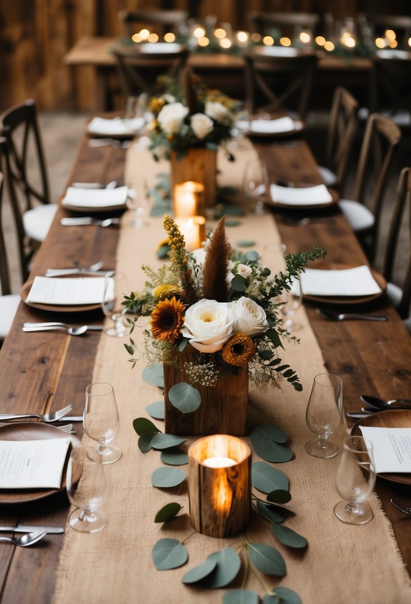 A rustic wedding table adorned with brown burlap runners, wooden centerpieces, and earthy floral arrangements