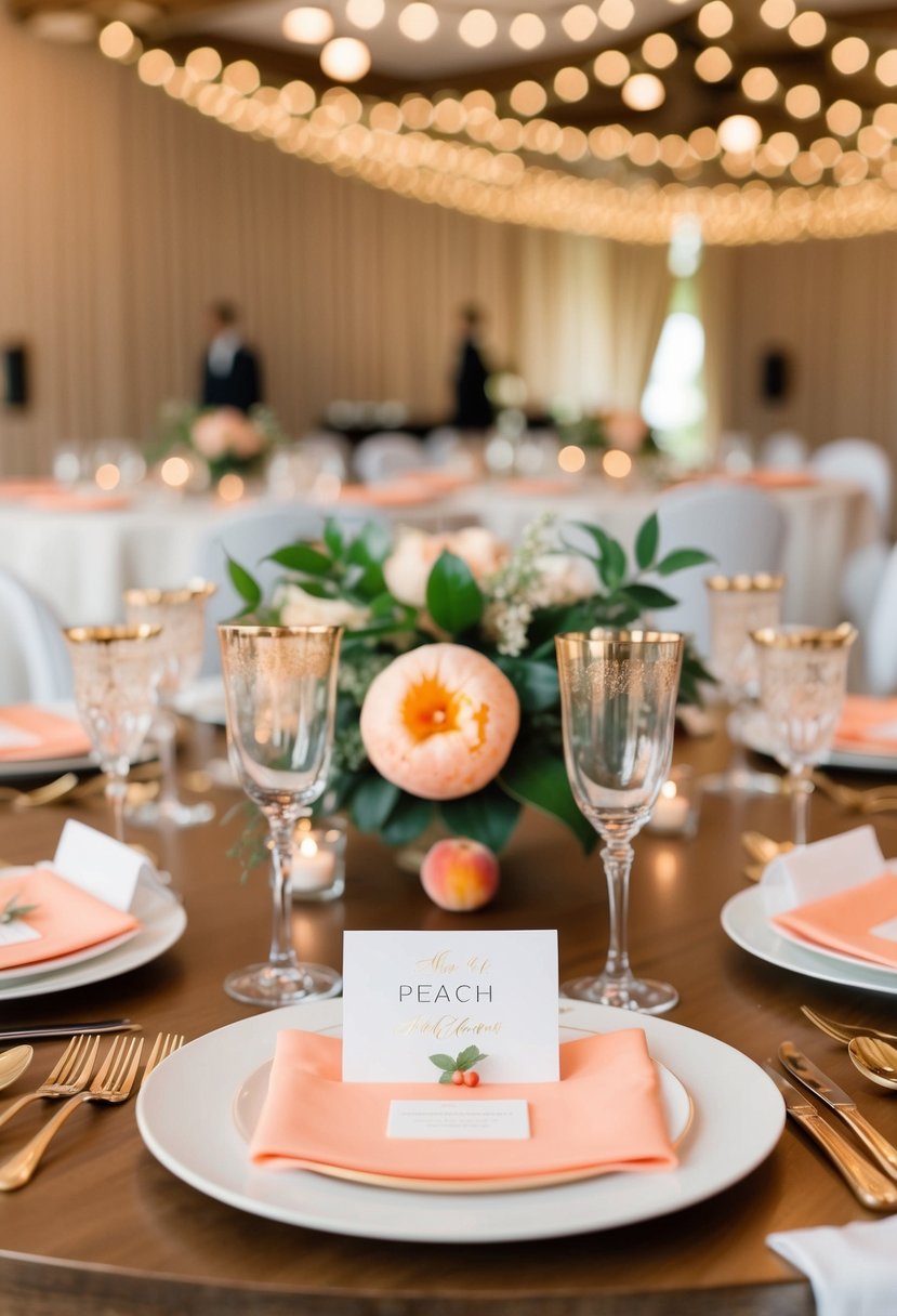 A table set with peach-themed place cards and elegant wedding decor