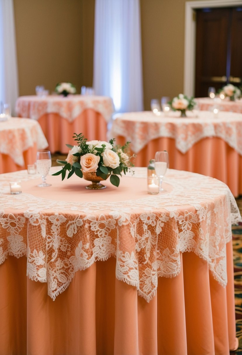 Peach tablecloths adorned with delicate lace overlays draped over wedding reception tables