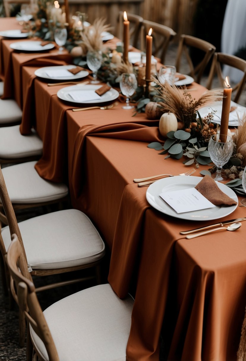 Terracotta table linens draped over a wooden table, adorned with earthy brown accents and natural textures for a warm and rustic wedding table setting