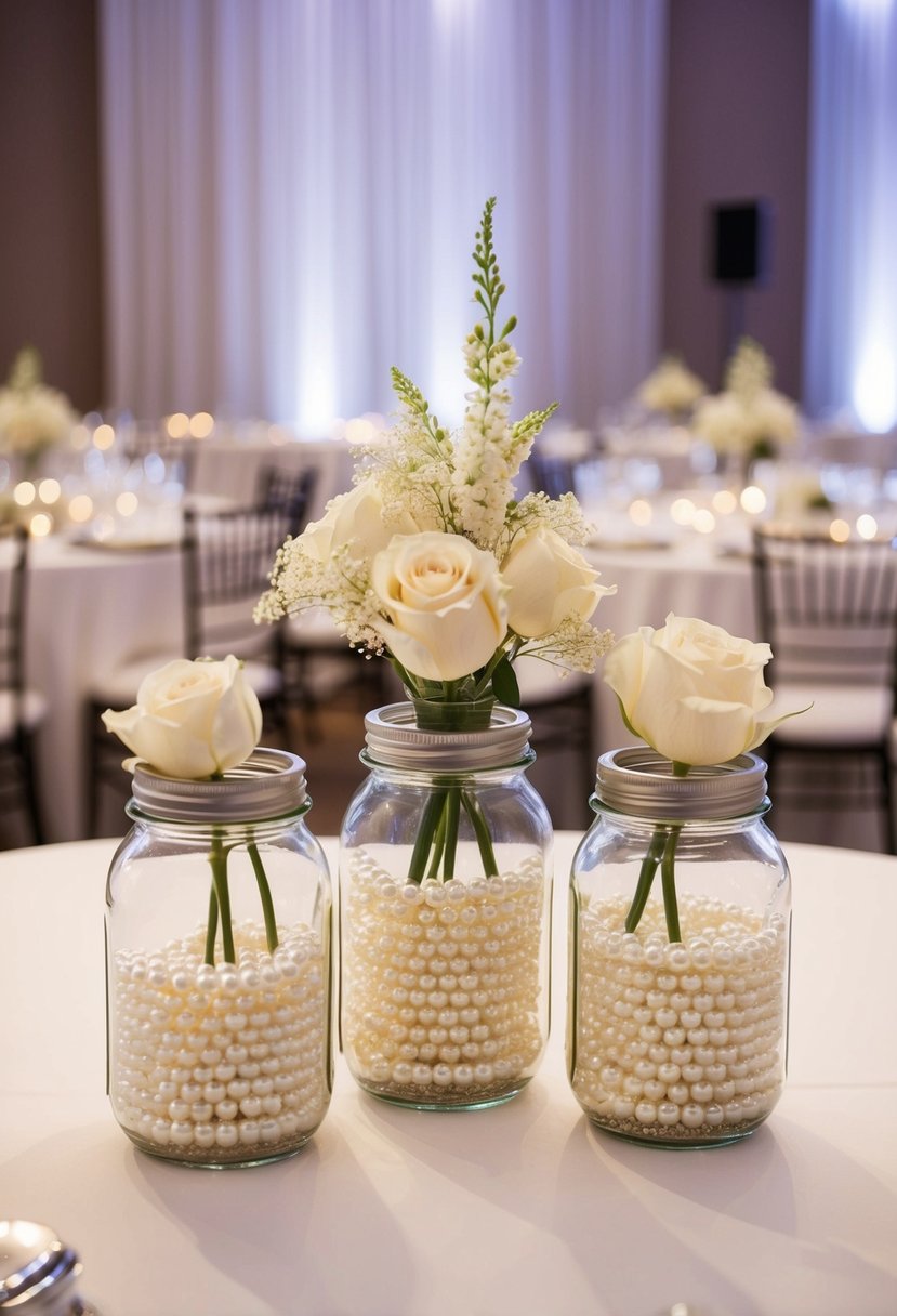 Glass jars filled with pearl floral arrangements sit atop a wedding reception table, adding a touch of elegance and sophistication to the decor