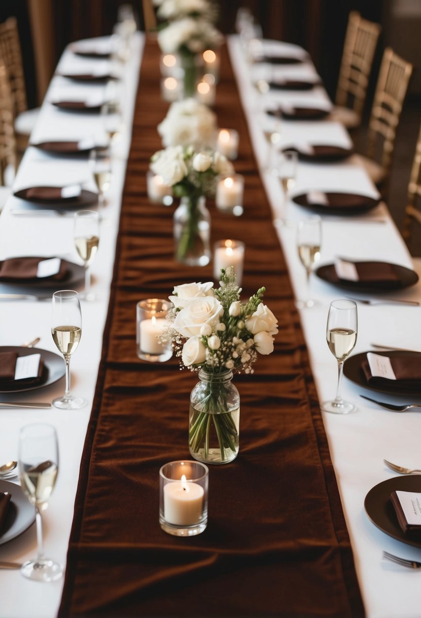 Rich espresso velvet runners adorn elegant brown wedding tables