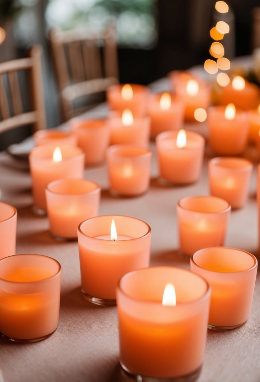 Peach votive holders arranged on a table, casting warm, soft light in a romantic wedding setting