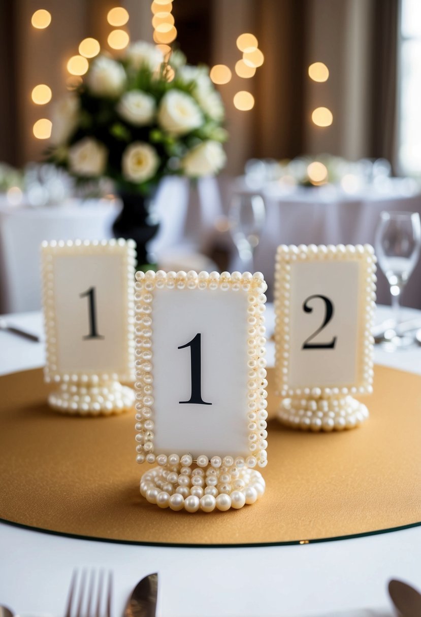 A table adorned with pearl-accented number holders, creating an elegant and luxurious wedding table decoration