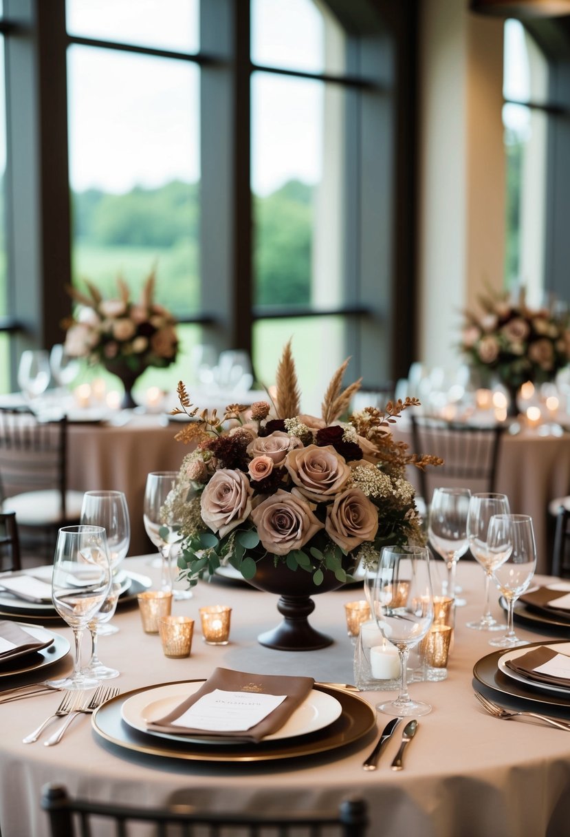 Taupe floral centerpieces with brown accents adorn the wedding tables