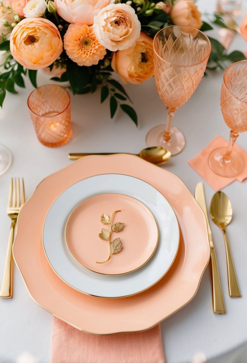 A peach and gold cutlery set arranged on a table with elegant peach wedding decorations