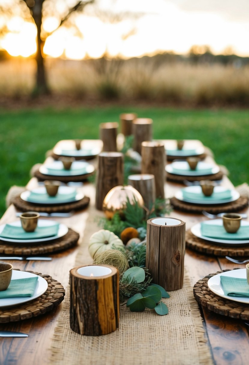 Rustic wooden centerpieces with burlap table runners and earthy accents