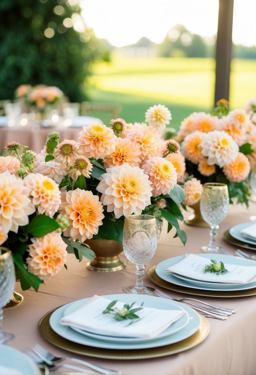 A table adorned with peach floral arrangements featuring dahlias for a wedding celebration