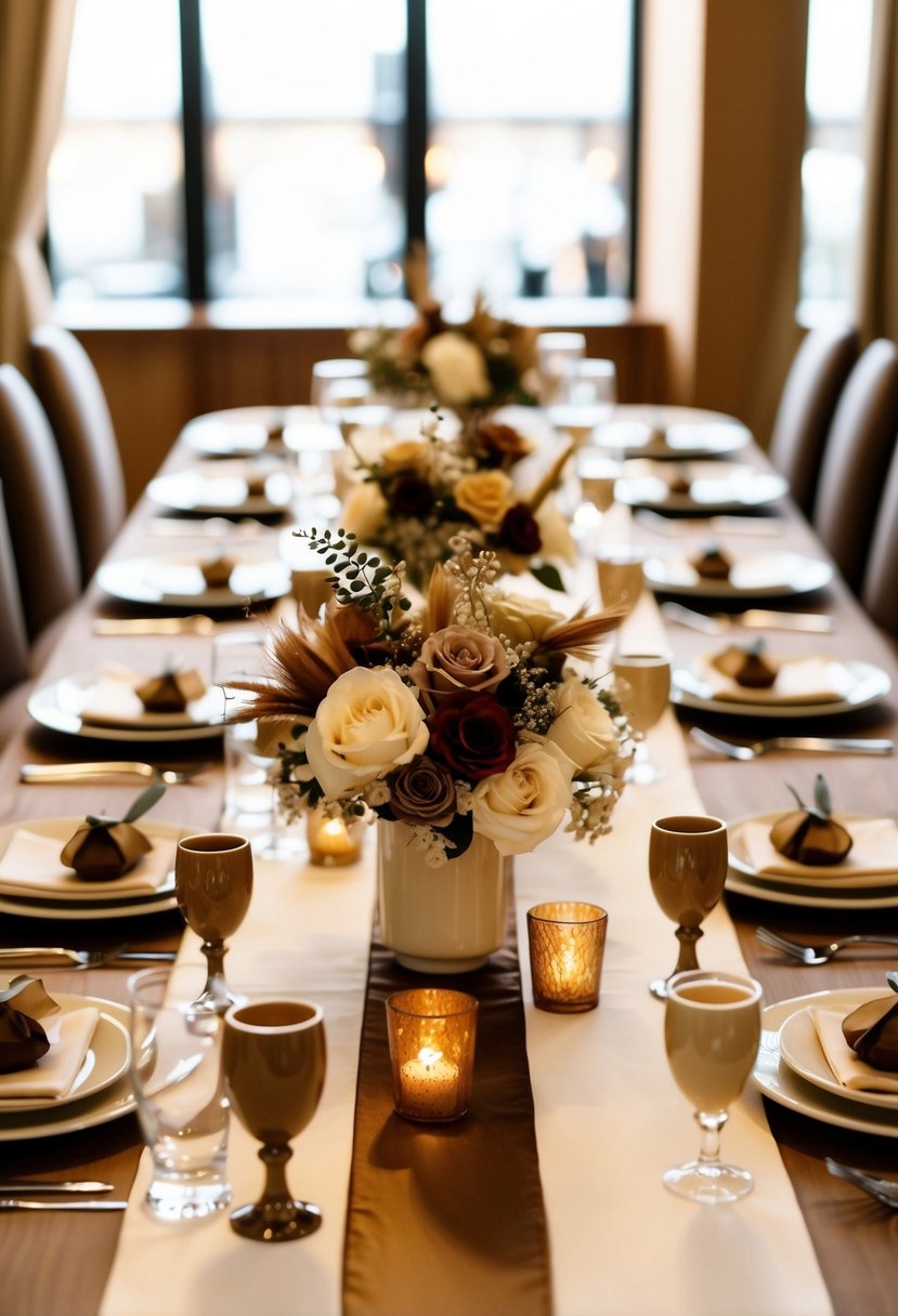 A mocha and cream color palette adorns a cozy wedding table, with warm brown accents creating an inviting and elegant atmosphere