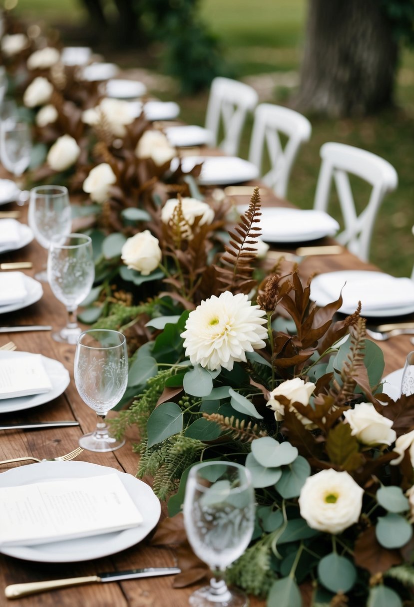 Brown foliage intertwines with ivory flowers on a rustic wedding table