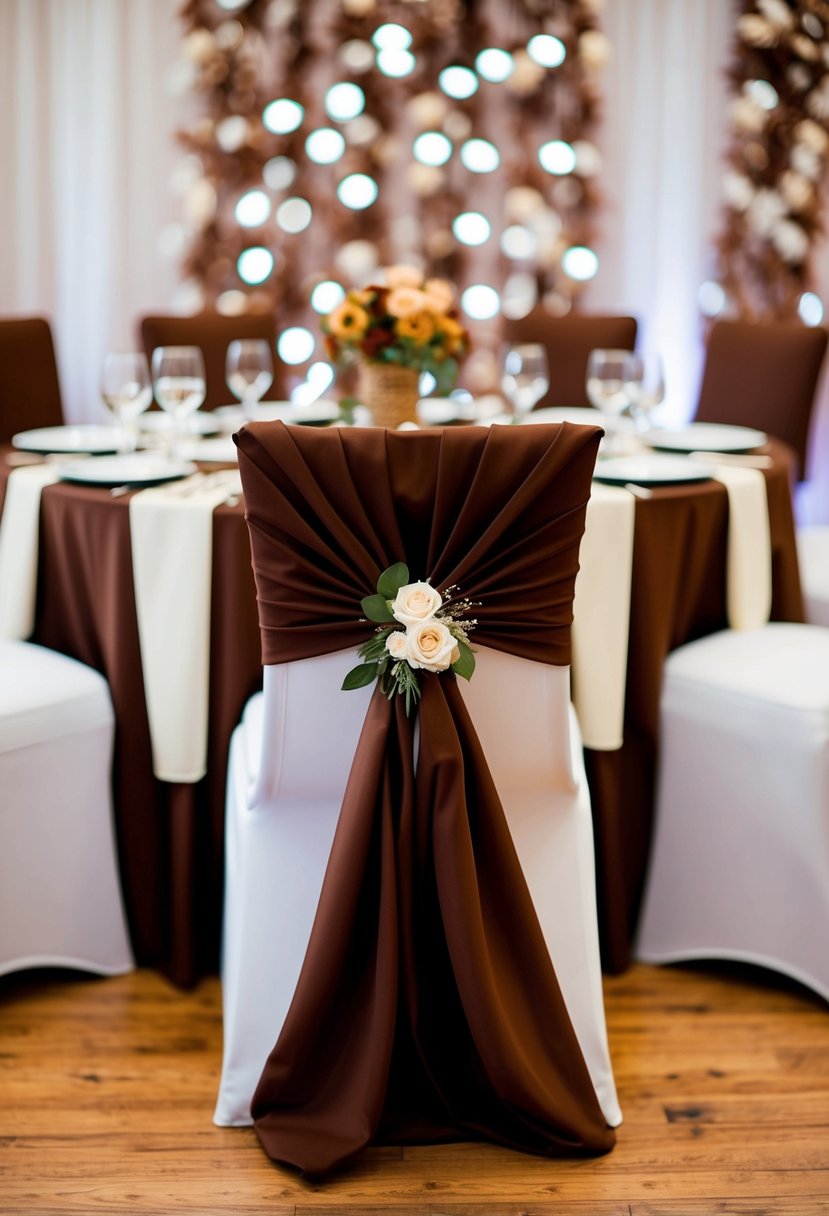 A chocolate brown chair covers a table set with brown wedding decorations