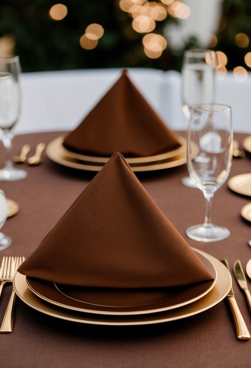 Chestnut napkins draped over a gold cutlery set on a brown wedding table