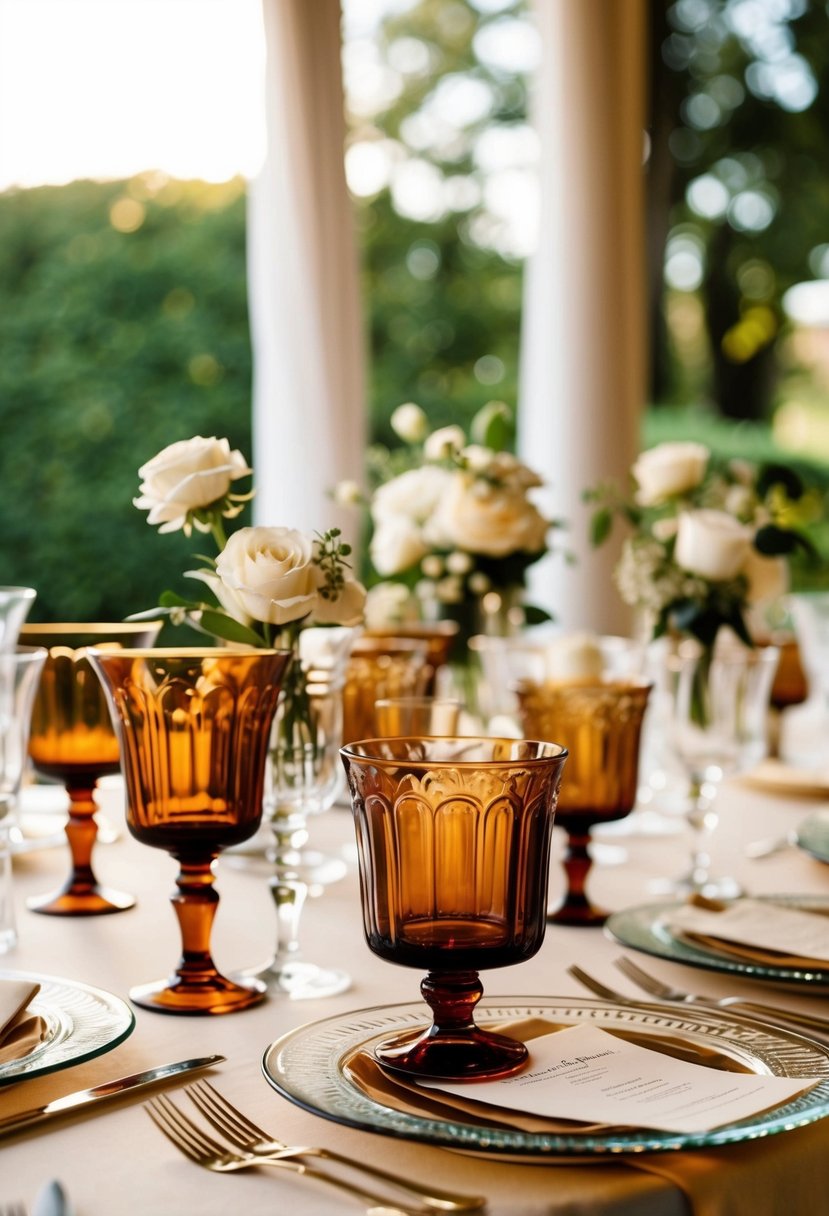 A table set with vintage brown glassware, adorned with classic wedding decorations