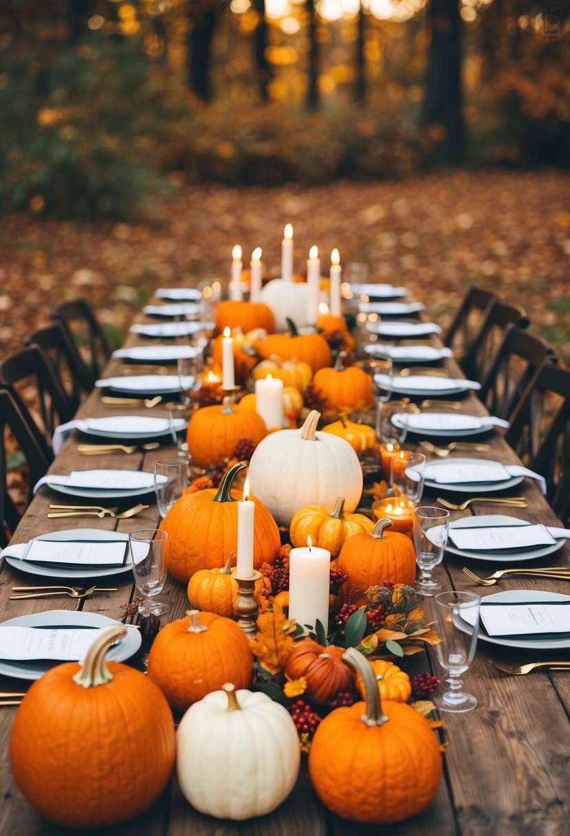 A rustic wooden table adorned with pumpkins, candles, and autumn foliage for an October wedding celebration